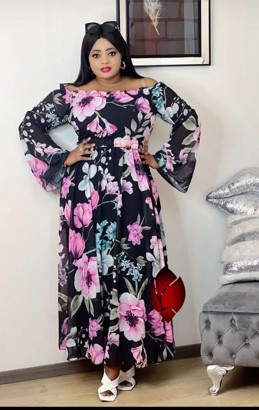 Floral and Black Print African Boubou Dress